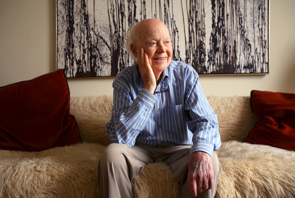 1/21/2015:D1:Davis Bynum, 90, at his Healdsburg home. A former writer, he founded his namesake winery on Sonoma County's Westside Road in 1973. He retired in 2007 and sold the winery to the Klein family.CHRISTOPHER CHUNG / The Press DemocratPC:Davis Bynum, who recently turned 90, sold his namesake winery in 2007, but continues to meet with the winemaker for lunch every month and talk about the brand. (Christopher Chung/ The Press Democrat)