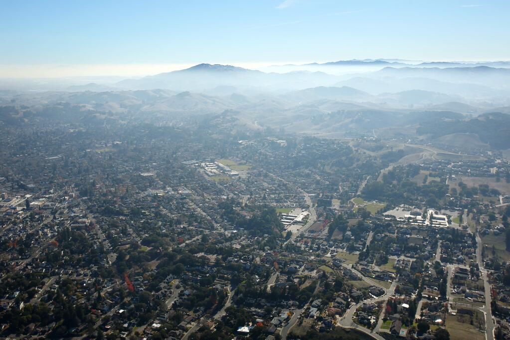 Smog creates haze over Petaluma on Dec. 22, 2013. (The Press Democrat)