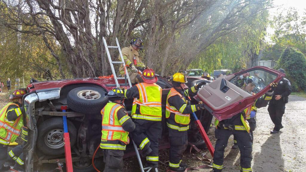 Rancho Adobe and Petaluma firefighters used the Jaws of Life to free a driver trapped in the wreckage of an SUV on Petaluma Boulevard North near Bailey Avenue on Sunday, Nov. 19, 2017. (Rancho Adobe Fire Protection District)