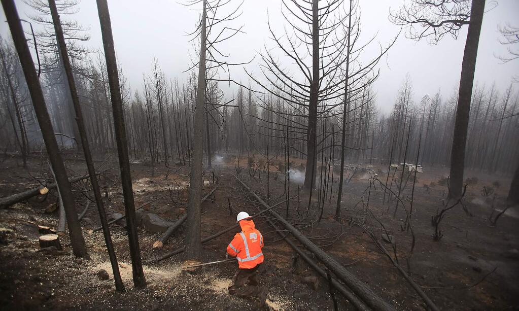 Cal Trans was busy cutting down burnt trees along Highway 175 on Cobb Mountain, that were in danger of falling on motorists and pedestrians due to the Valley fireWednesday Sept. 16, 2015. (Kent Porter / Press Democrat) 2015