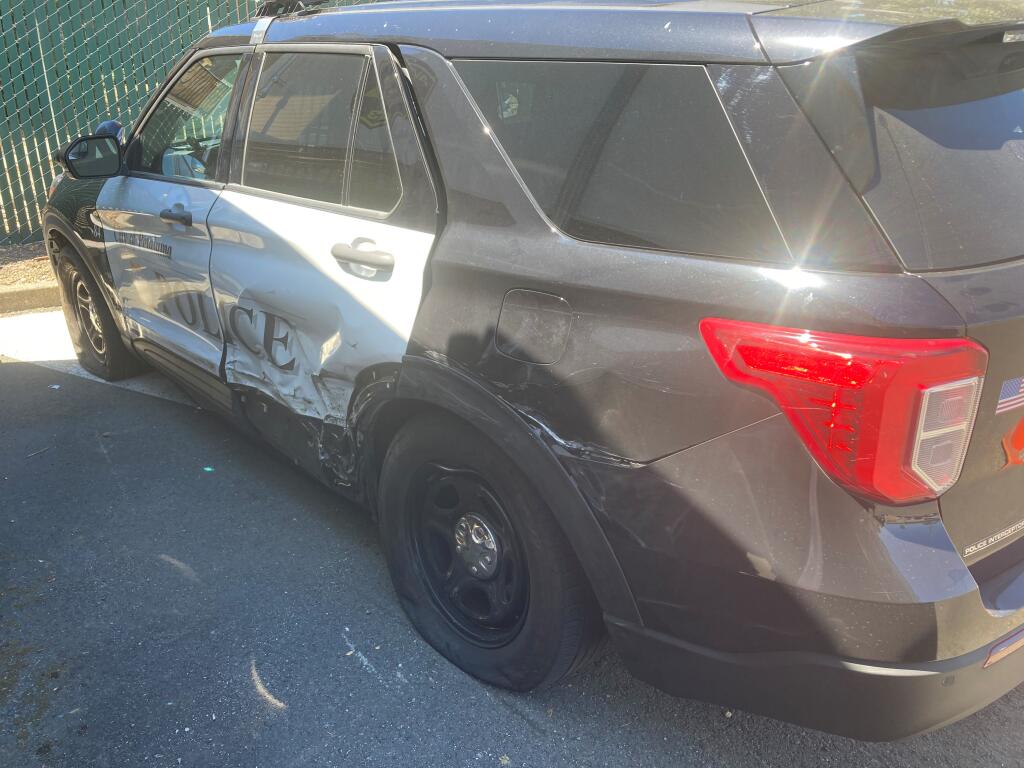This image shows a Petaluma police vehicle damaged during a pursuit Monday, Aug. 22, 2022. Authorities chased the suspects in two Ulta Beauty store robberies. (Petaluma Police Department)