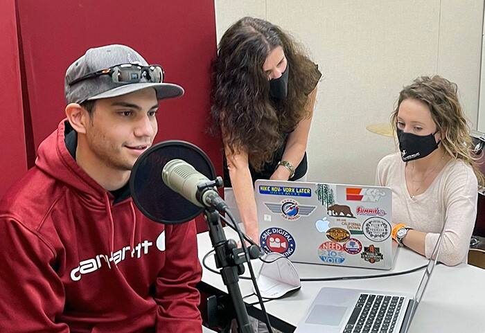 Santa Rosa Junior College students, left to right, Nick Vides, Lauren Spates and Rebecca Beil work on podcast that was picked up and presented nationally by NPR.org. (SRJC PHOTO)