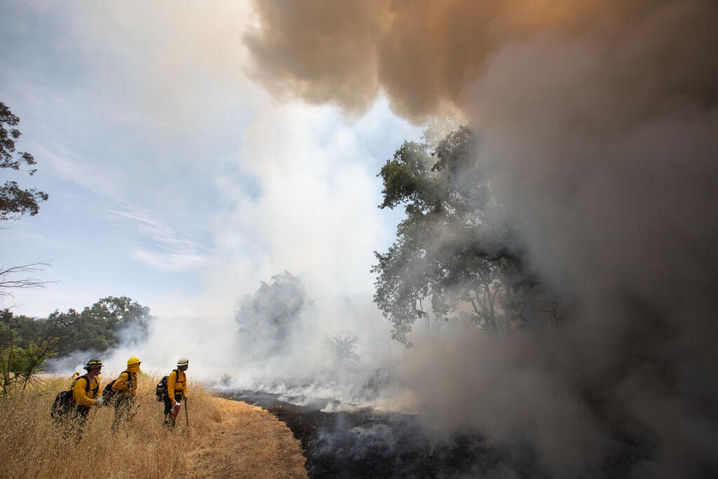 Firefighters watch a control burn slowly steer through dry grass at the Glen Oaks Ranch in Glen Ellen between Friday, June 23 and Monday, June 26 as Sonoma Valley prepares for the wildfire season ahead. (Courtesy of Corby Hines, Sonoma Land Trust's photographer)