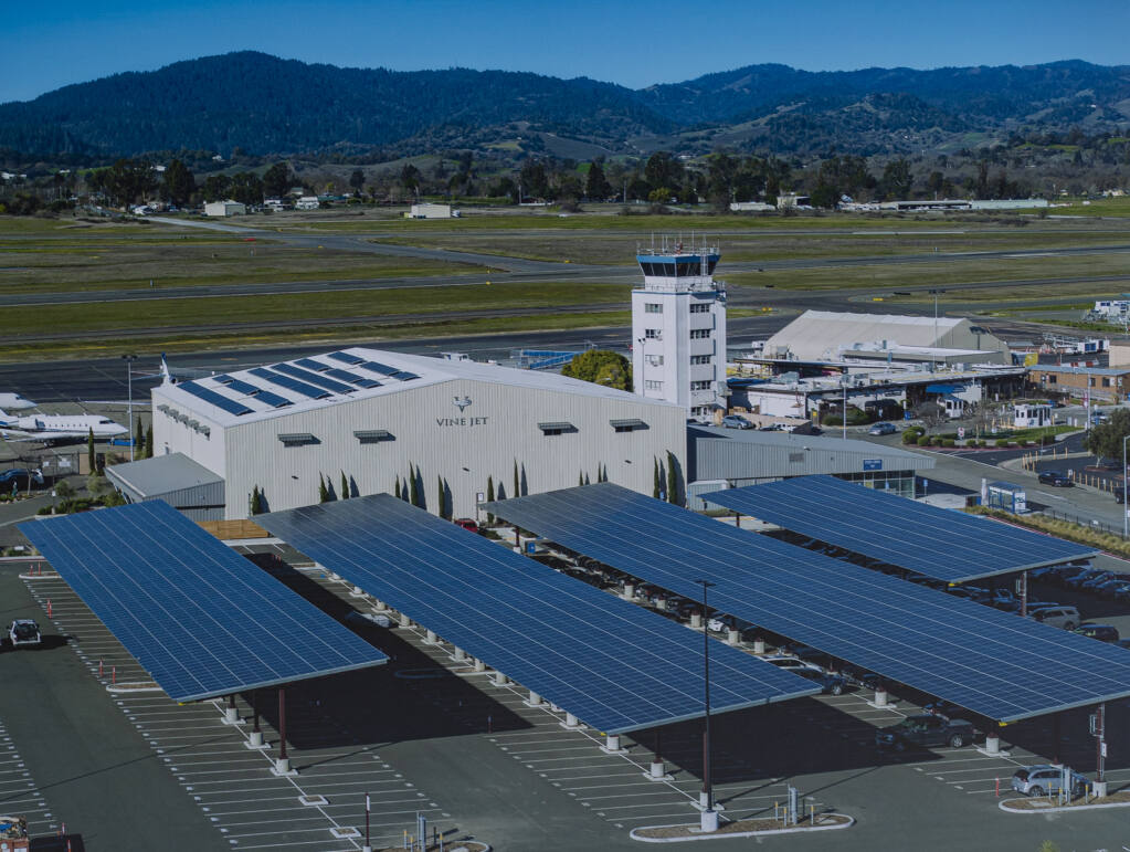 Newly installed solar carports are seen at Charles M. Schulz-Sonoma County Airport long-term parking in Santa Rosa on Friday, Feb. 25, 2022. (courtesy of county of Sonoma and Forefront Power)