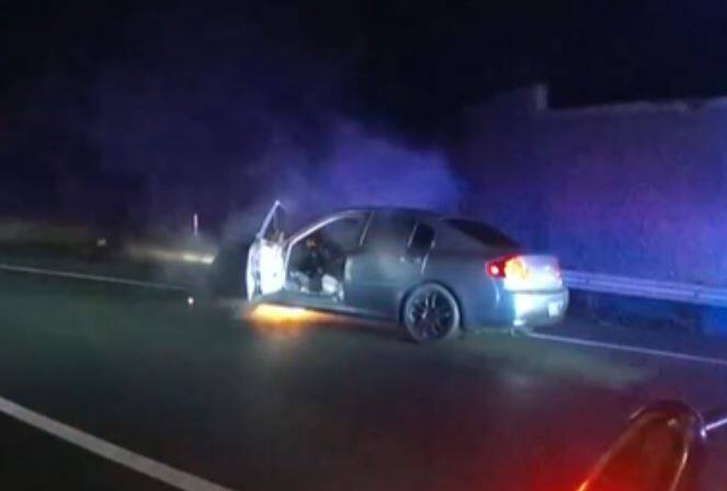 Two people were arrested after a car chase ended in an engine fire on Tuesday, Nov. 2, 2021, authorities said. (Santa Rosa Police)