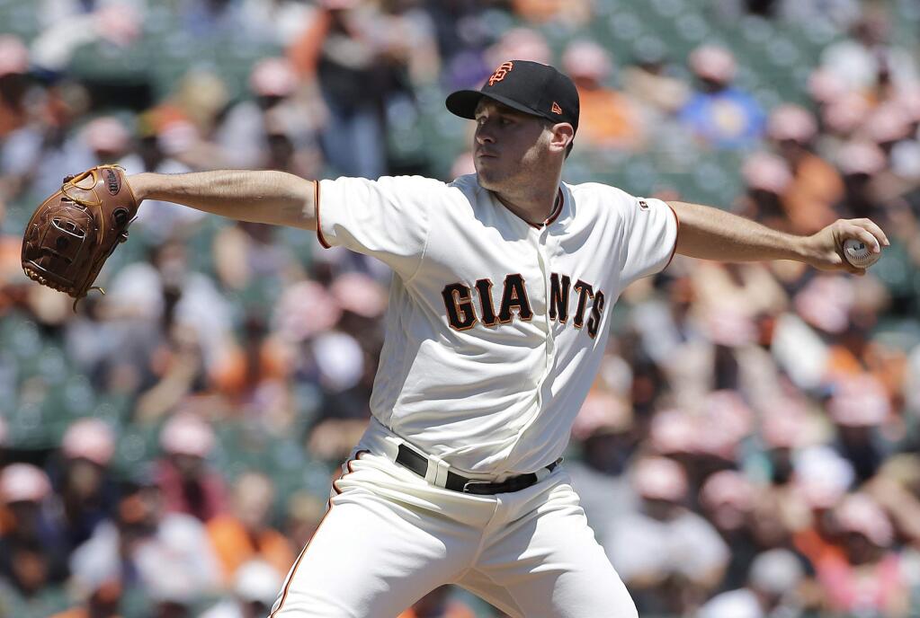 San Francisco Giants pitcher Ty Blach throws against the San Diego Padres during the first inning of a baseball game in San Francisco, Sunday, July 23, 2017. (AP Photo/Jeff Chiu)
