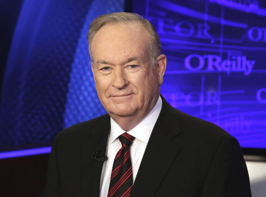 FILE - This Oct. 1, 2015 file photo shows Bill O'Reilly of the Fox News Channel program 'The O'Reilly Factor' in New York. Former Fox News Channel anchor Megyn Kelly says she complained to her bosses about O'Reilly's behavior after she had accused former Fox chief Roger Ailes of sexual harassment, and that the abuse and shaming of women has to stop. Kelly, now with her own show on NBC, spoke Monday, Oct. 23, 2017, after it was revealed in The New York Times that Fox paid a $32 million settlement to former Fox analyst Lis Wiehl shortly before his contract was renewed. O'Reilly was fired in April.(AP Photo/Richard Drew, File)