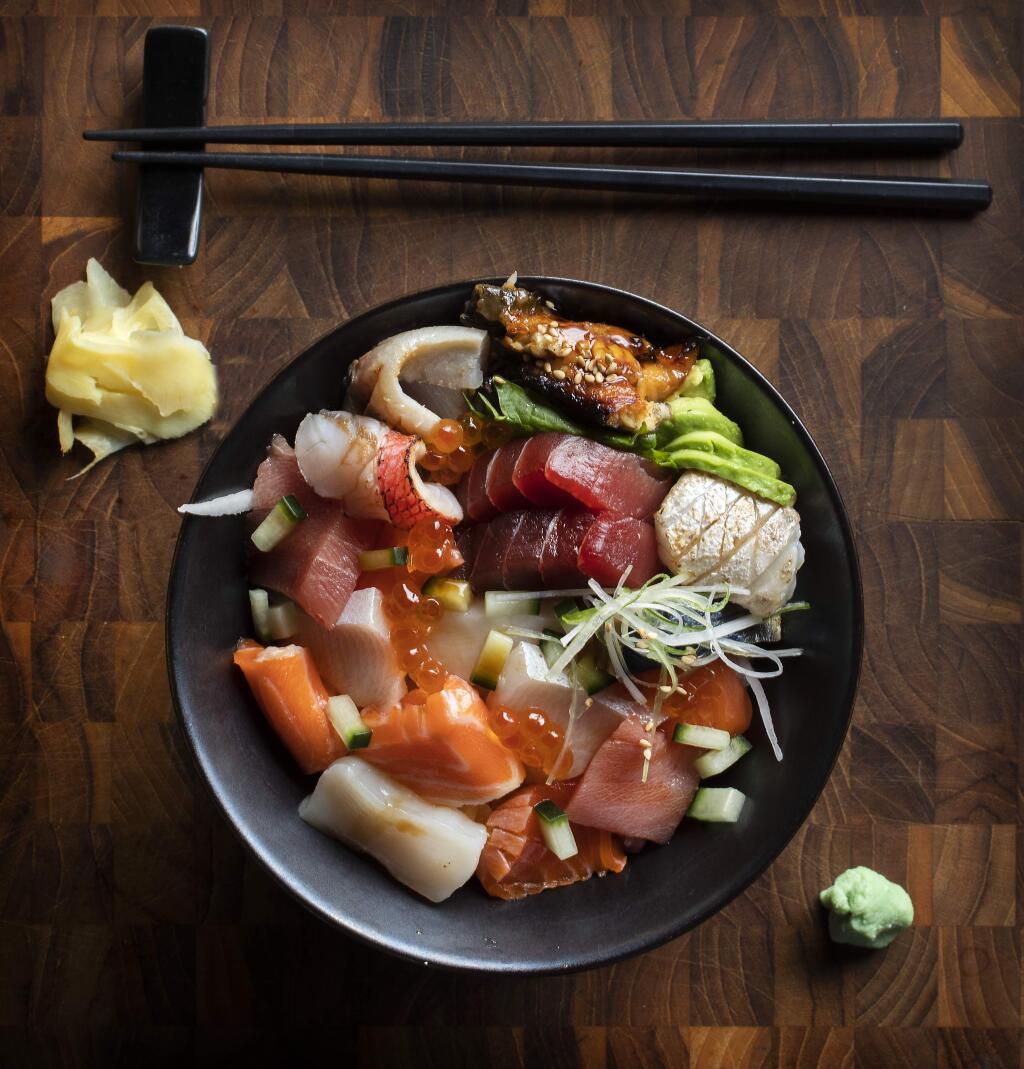 The Chirashi sushi bowl features a variety of fresh sashimi from Sushi Kosho in Sebastopol's Barlow District. (photo by John Burgess/The Press Democrat)