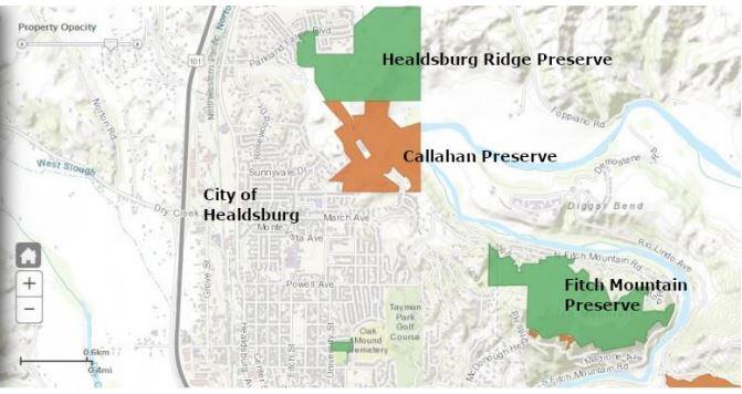 This map shows Healdsburg Ridge, Callahan and Fitch Mountain preserves. The California Coastal Conservancy approved a $414,000 grant that will be used for fire mitigation in each preserve. (California Coastal Conservancy)