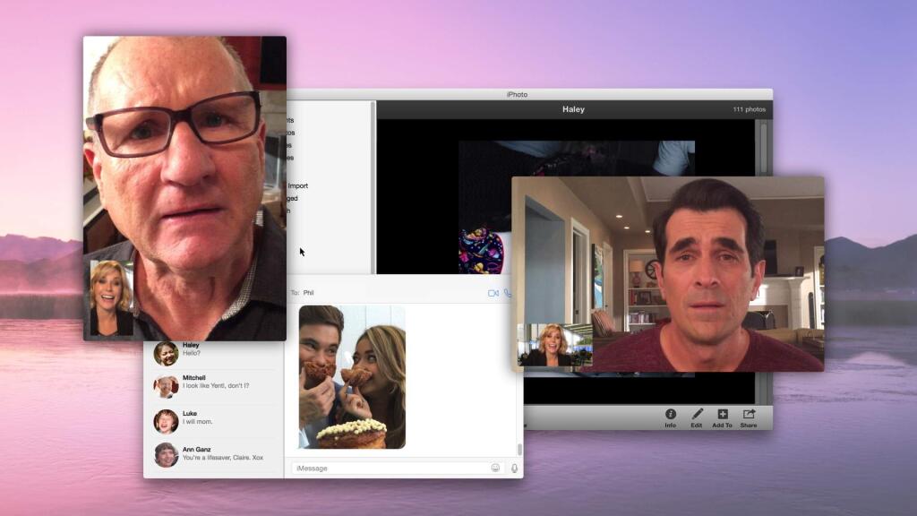This photo provided by Twentieth Century Fox Television shows, from left, Claire Dunphy, Jay Pritchett, and Phil Dunphy, in a scene from the episode, 'Connection Lost,' of 'Modern Family,' airing Wednesday, Feb. 25, 2015, at 9 p.m. EST that takes place entirely online. (AP Photo/Twentieth Century Fox Television)