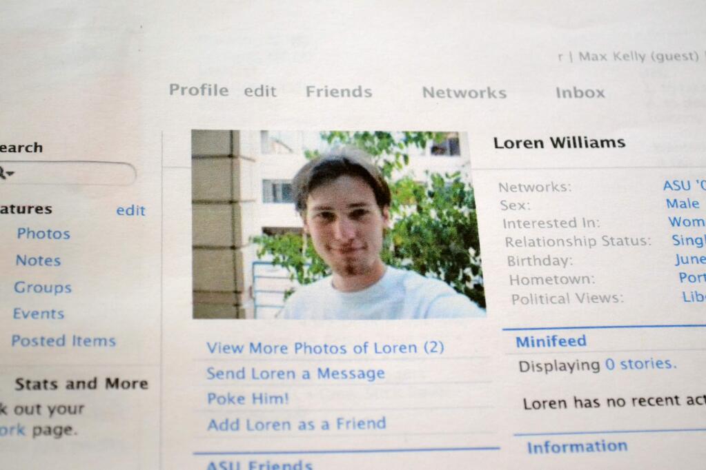 A printout of the Facebook page for Loren Williams, now deceased, at his mother's home in Beaverton, Ore. A group of influential lawyers says it has an answer to that pesky question of what should happen to your Facebook, Yahoo and other online accounts when you die. (AP Photo/Lauren Gambino, File)