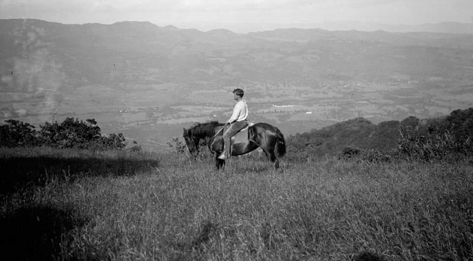 London looks out over Beauty Ranch, at present-day Jack London State Historic Park, circa 1912.