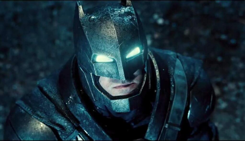 A screenshot of actor Ben Affleck portraying Batman in the first official trailer for the 'Batman v Superman' movie, scheduled for release in 2016.