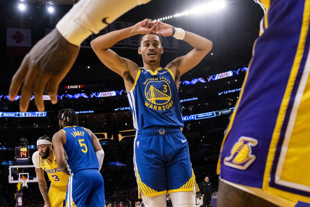 Warriors guard Jordan Poole (3) is seen during Game 4 of the Western Conference semifinals against the Lakers in Los Angeles, California Monday, May 8, 2023. (San Francisco Chronicle)