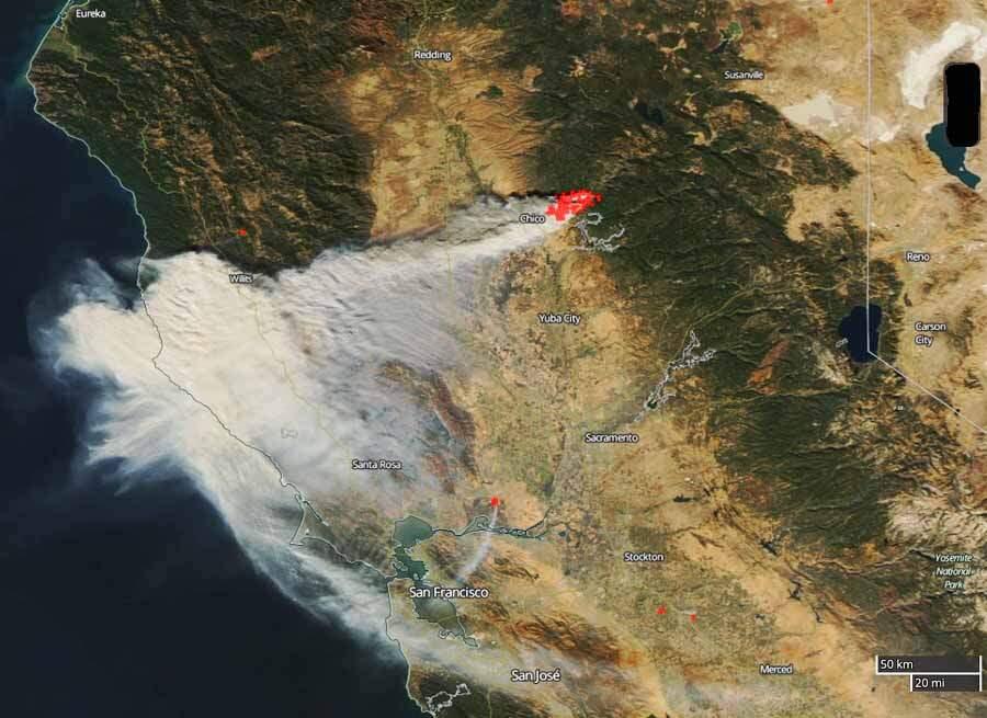 A satellite photo showing smoke from the Camp Fire being blown to the southwest, mostly north of San Francisco.