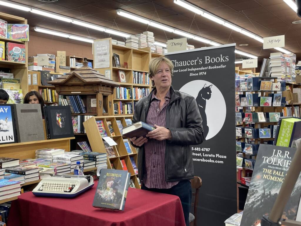 Novelist Monte Schulz, shown a book signing in Santa Barbara last December, will appear April 30 at the Schulz Museum in Santa Rosa. (Venilde Jeronimo)