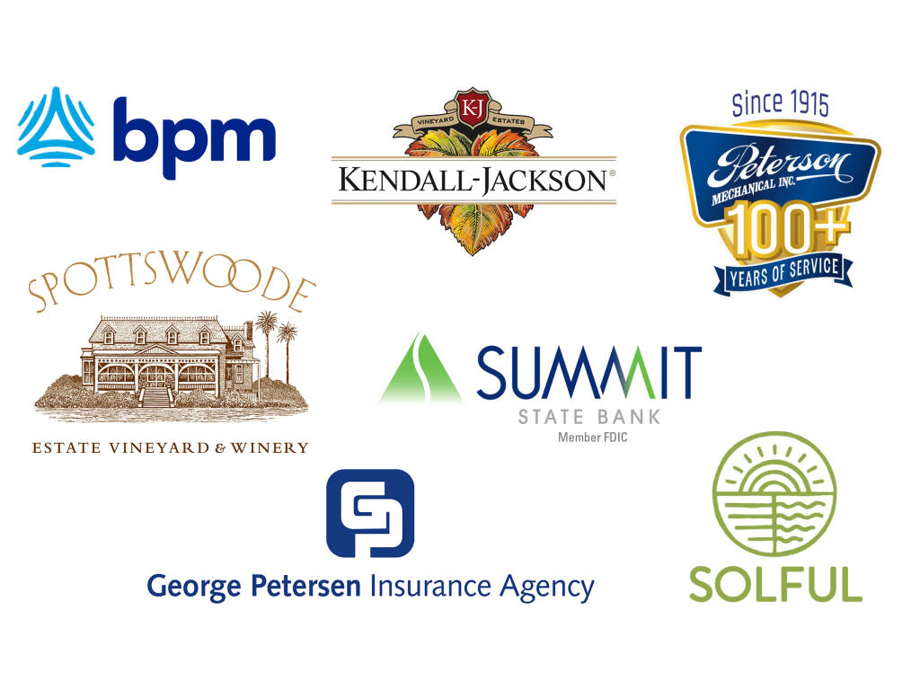 Corporate logos for BPM, George Petersen Insurance Agency, Kendall-Jackson, Peterson Mechanical, Solful, Spottswoode Estate Vineyard & Winery and Summit State Bank.