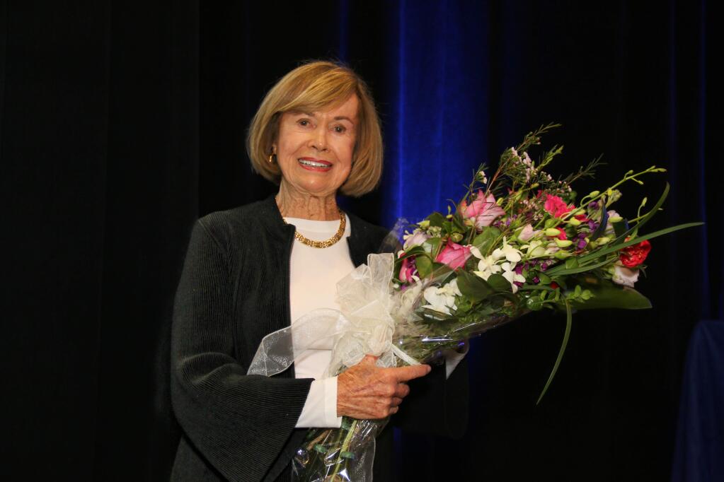 Connie Codding accepts the Doyle Philanthropy Award at North Bay Business Journal's Community Philanthropy Awards, held at Hyatt Vineyard Creek Hotel & Spa in Santa Rosa on March 31, 2017. (JEFF QUACKENBUSH / NORTH BAY BUSINESS JOURNAL)