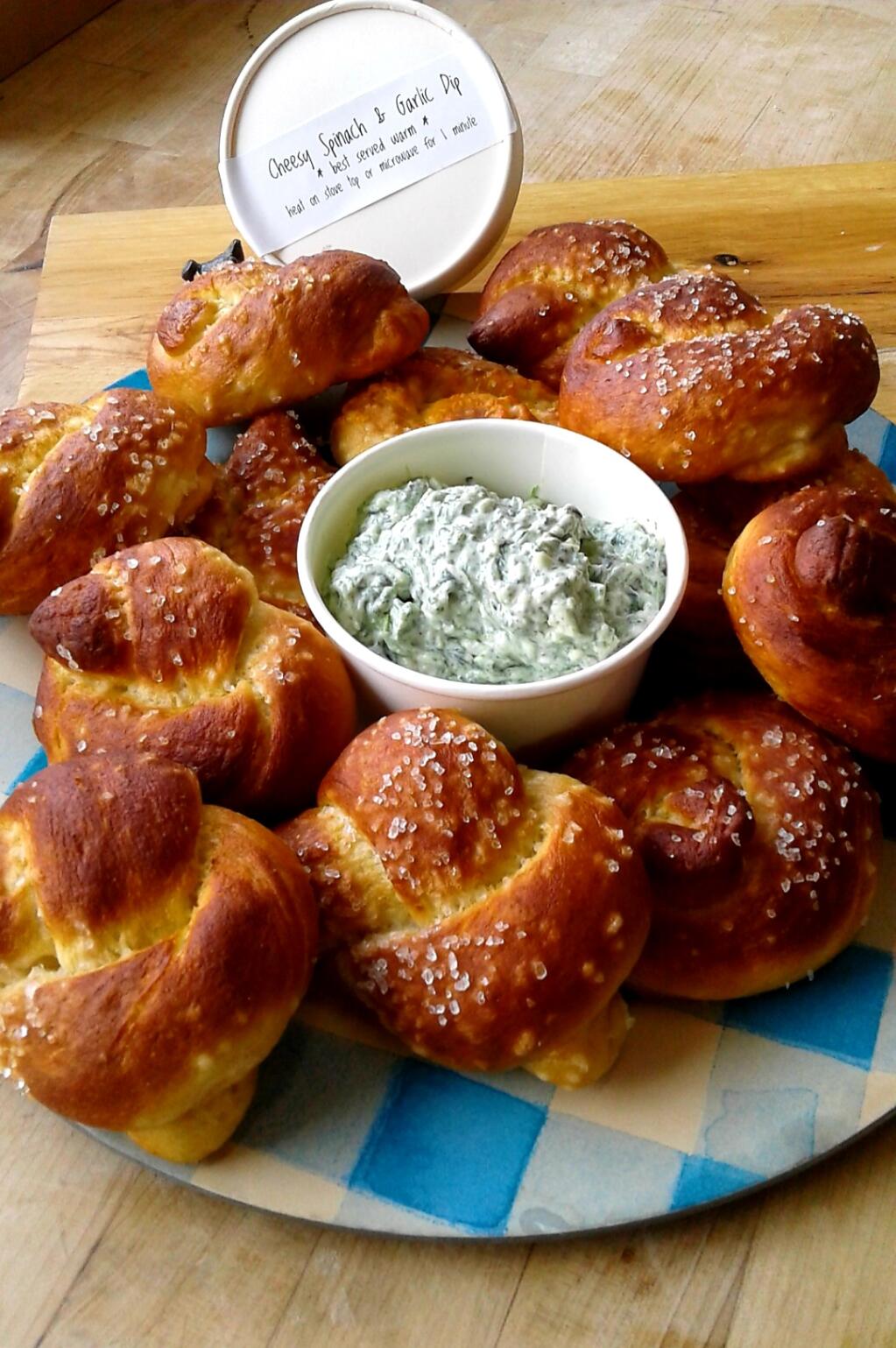 Sea Salt Pretzels with Spinach & Garlic Dip from Clare Hulme of Wooden Petal in Santa Rosa.