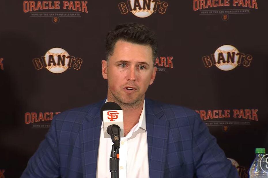 A screenshot from Buster Posey’s press conference announcing his retirement, Thursday, Nov. 4, 2021. (San Francisco Giants / YouTube)