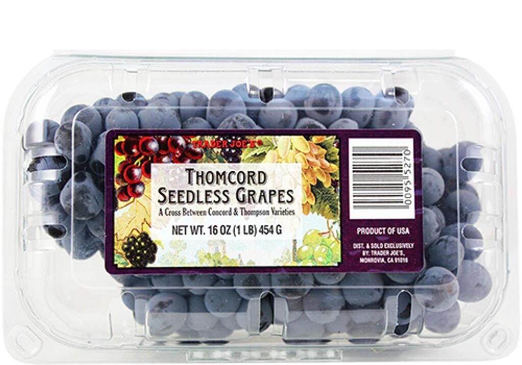 Thomcord grapes, dark-purple gems came to be as the result of crossbreeding Concord and Thompson grapes. They have the blue-black hue and aromatic flavor of the Concord, with a touch of Thompson sweetness.