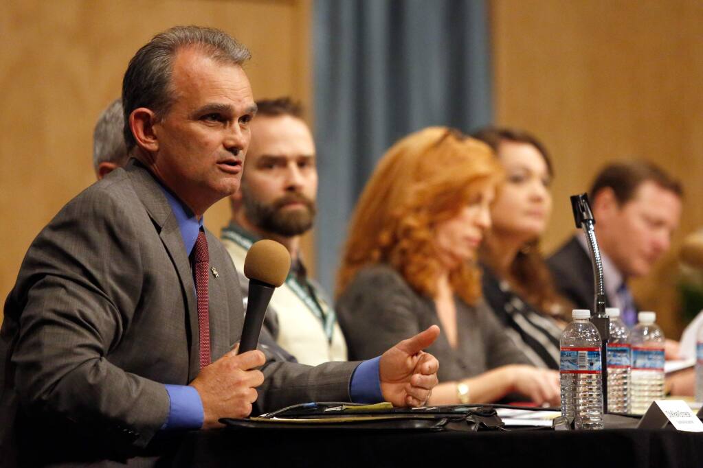 City of Santa Rosa police chief Hank Schreeder during the Shine a Light forum discussing homelessness in Sonoma County at the Glaser Center in Santa Rosa, California on Wednesday, April 27, 2016. (Alvin Jornada / The Press Democrat)