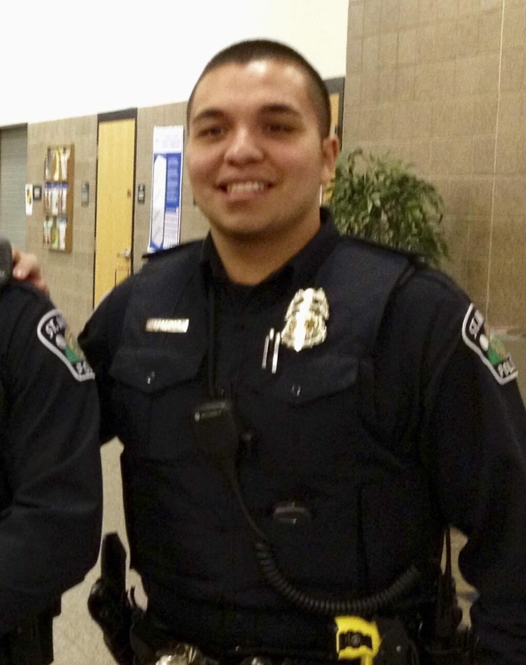 FILE - This Jan. 8, 2013, file photo provided by Christian Dobratz shows St. Anthony police officer Jeronimo Yanez outside the city council chambers in St. Anthony, Minn. Prosecutors announced Wednesday, Nov. 16, 2016, that Yanez, the officer who fatally shot Philando Castile during a traffic stop on July 6, 2016, in Falcon Heights, Minn., has been charged with second-degree manslaughter in the killing. (Christian Dobratz via AP, File)