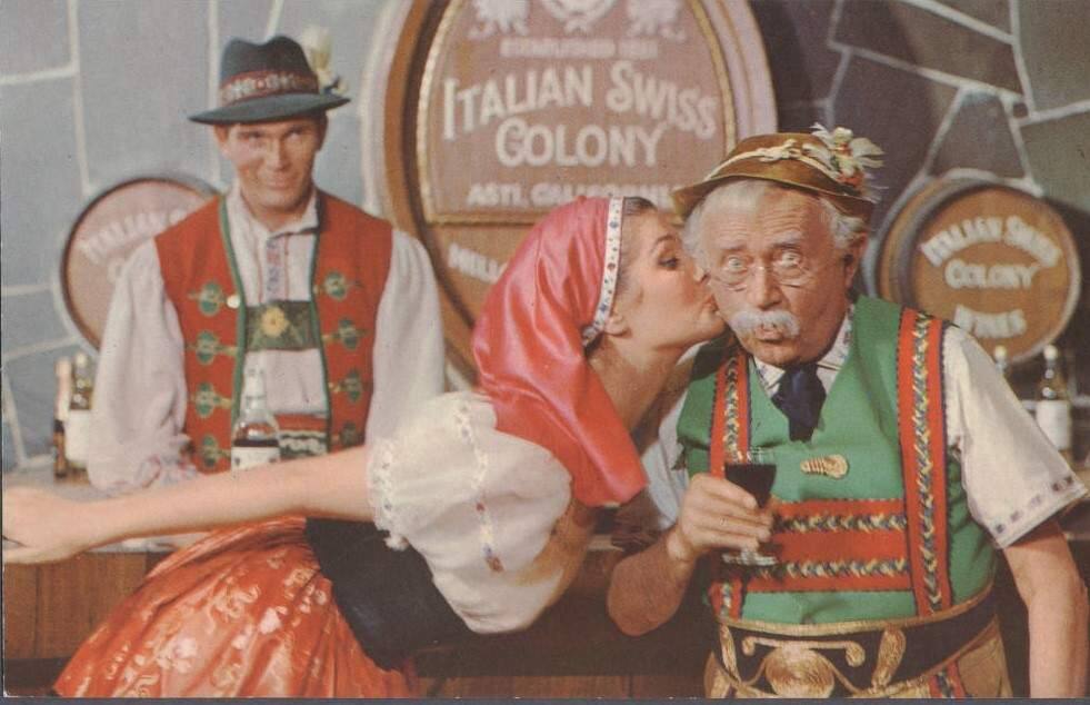 The “little old winemaker” on the right receives a kiss in this 1960s advertisement for the Italian Swiss Colony Wines. (Sonoma County Library)