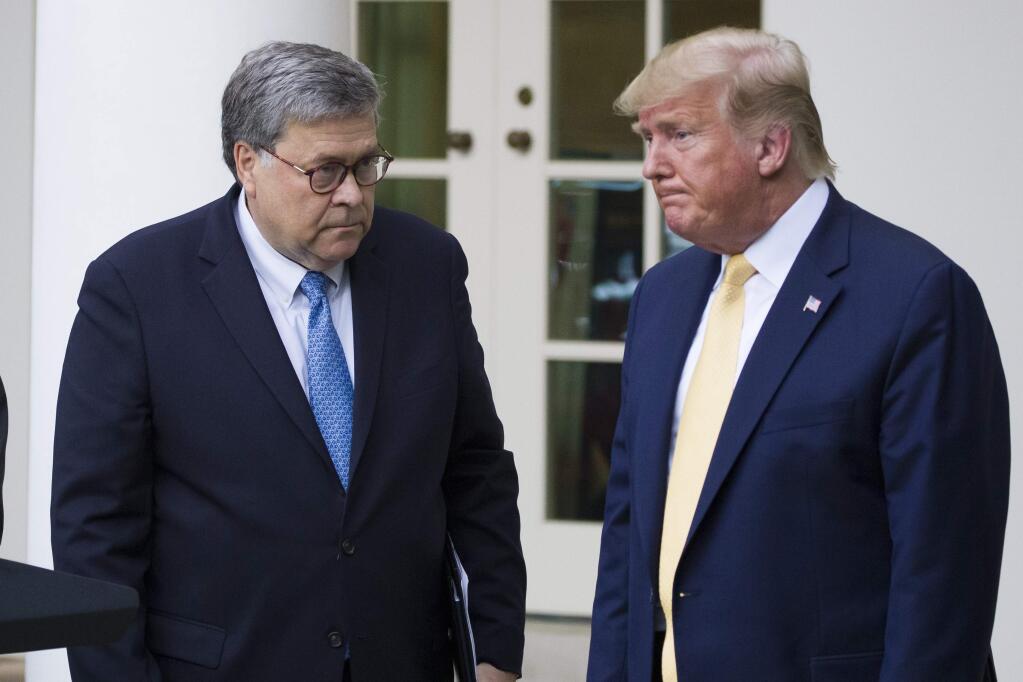 FILE - In this July 11, 2019, file photo, Attorney General William Barr, left, and President Donald Trump turn to leave after speaking in the Rose Garden of the White House, in Washington. Attorney General William Barr took a public swipe Thursday at President Donald Trump, saying that the president's tweets about Justice Department prosecutors and cases “make it impossible for me to do my job.” Barr made the comment during an interview with ABC News just days after the Justice Department overruled its own prosecutors. they had initially recommended in a court filing that President Donald Trump's longtime ally and confidant Roger Stone be sentenced to 7 to 9 years in prison. But the next day, the Justice Department took the extraordinary step of lowering the amount of prison time it would seek for Stone. (AP Photo/Alex Brandon, File)