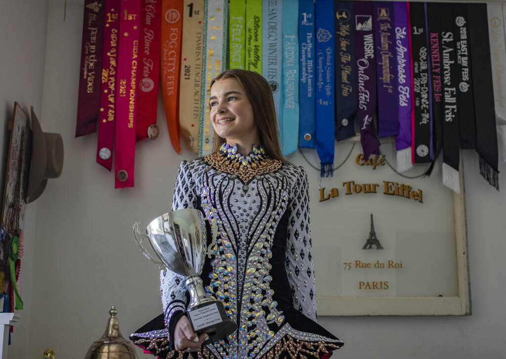 Callan Munselle of Geyserville is a 13-year old Irish dancer who traveled to Belfast, Ireland in April to compete in the World Irish Dance Championships.  Dancing since she was 6 yeas old, Callan has a wall of ribbons at her home chronicling her travels and awards, July 11, 2022. (Chad Surmick / Press Democrat)