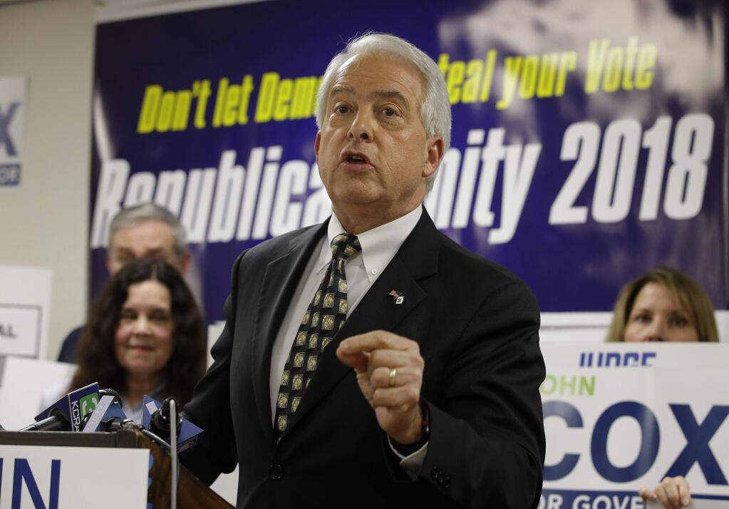 Republican gubernatorial candidate John Cox was second in early returns in Tuesday's primary, with a big lead over Democrat Antonio Villaraigos and fellow Republican Travis Allen. (RICH PEDRONCELLI / Associated Press)