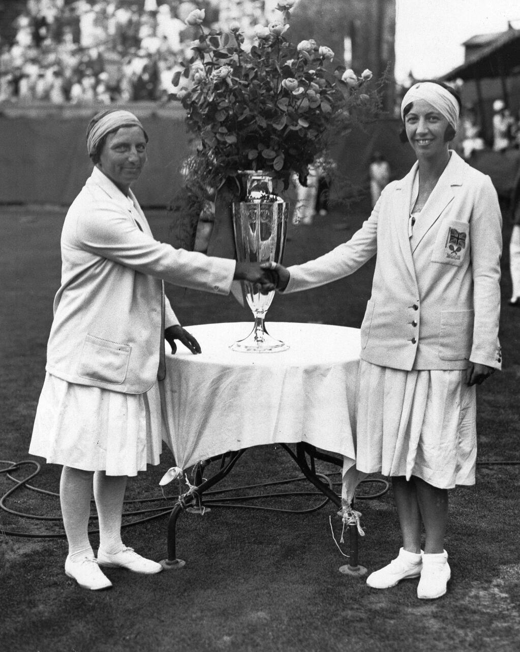 Tennis great Hazel Hotchkiss Wightman (left), was born in Healdsburg in 1886. She dominated American women's tennis before World War I, and won 45 U.S. titles during her life. In this photo, American team captain Hotchkiss Wightman receives the congratulations of Dorothy Shepperd-Barron, captain of an opposing team on Aug. 8, 1931. (AP Photo)