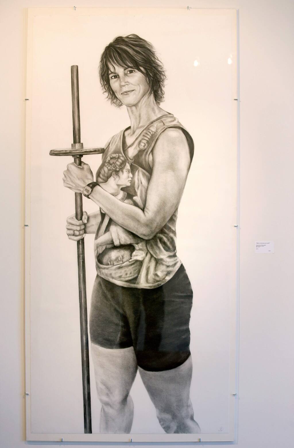 A larger than life-size charcoal drawing by artist Kathryn Keller entitled, 'Gerry (Artemisia and Judith)' at Ice House Gallery in Petaluma, California, on Wednesday, June 28, 2017. (Alvin Jornada / The Press Democrat)
