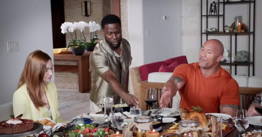 Karen Gillan, Kevin Hart and The Rock co-star in the video 'A Very Jumanji Thanksgiving,' which went viral after being posted on YouTube on Thanksgiving.(JablinskiGames/YouTube)