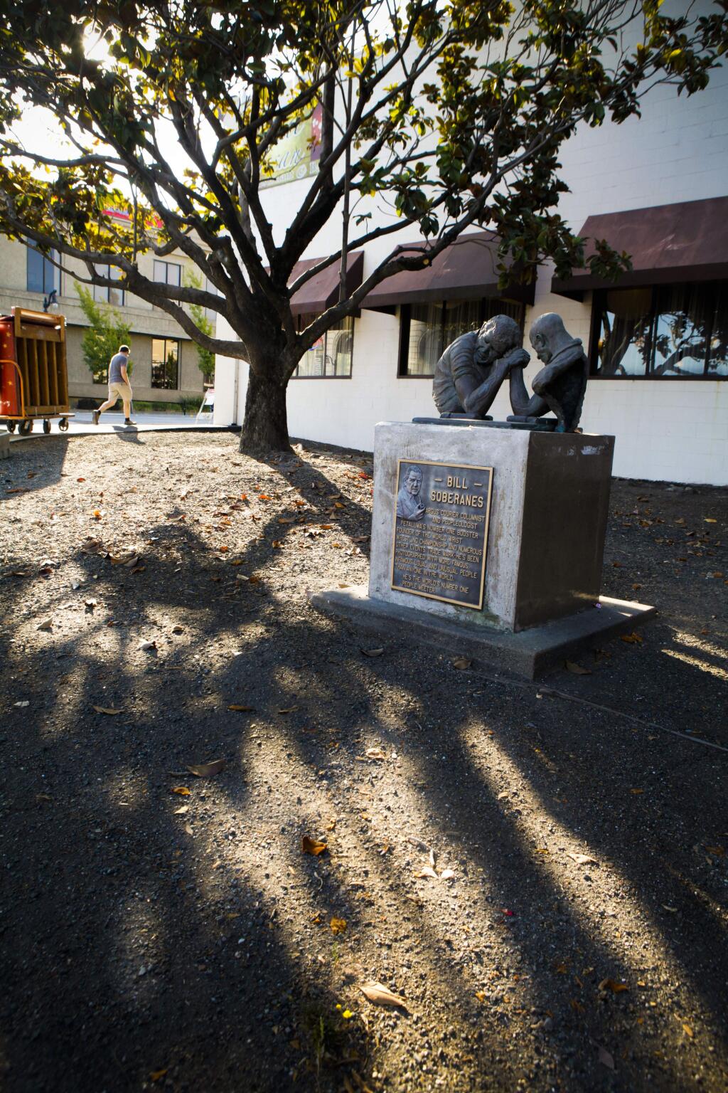 Petaluma, CA, USA. Friday, August 05, 2016._ This little swath of land by Thai Issan downtown, where the Bill Sobranes arm wrestling statue is, is owned by 'Petaluma Pete' who has been trying to get it spruced up, and the city has stepped in and taken some steps to clean it up. Petaluma Pete is planning to finish up the efforts by the end of the year.(CRISSY PASCUAL/ARGUS-COURIER STAFF)
