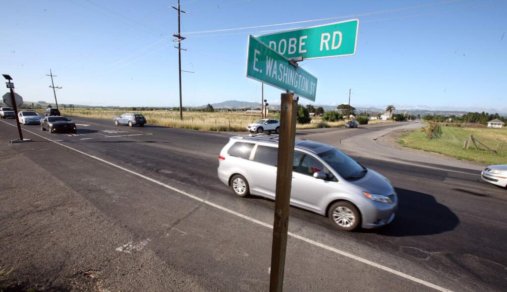 The intersection of Adobe Rd. and East Washington on Friday, May 20, 2016, where recent accidents have prompted the plan for signal lights. (SCOTT MANCHESTER/ARGUS-COURIER STAFF)