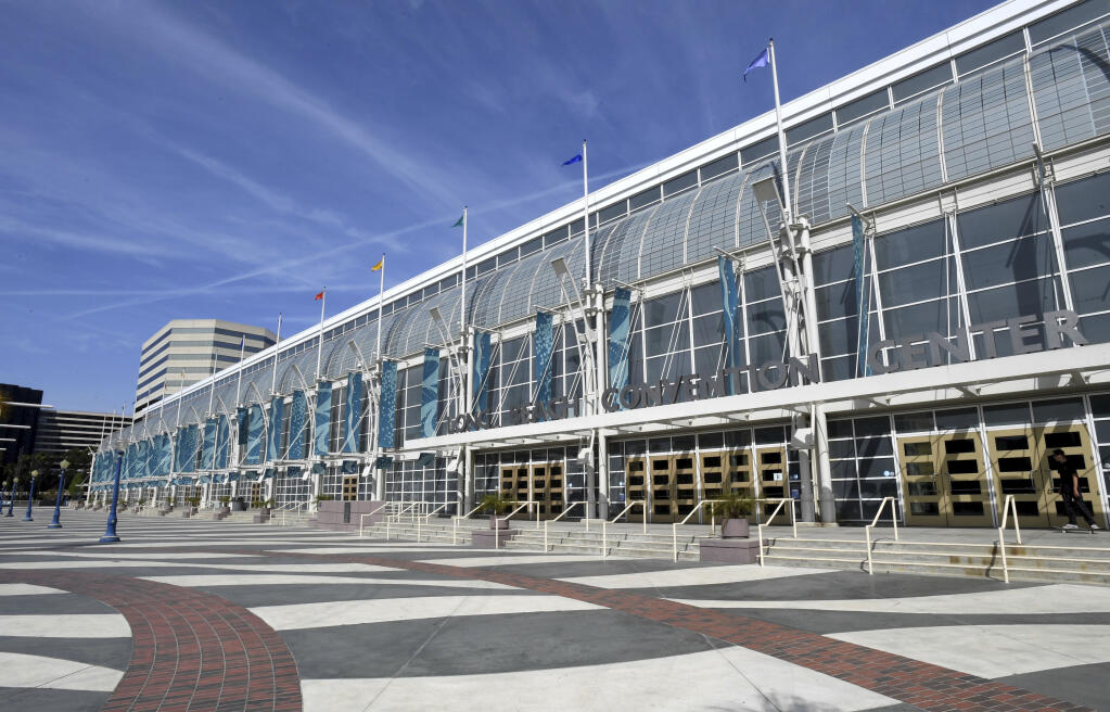 This Monday, April 5, 2021, photo shows the front of the Long Beach Convention Center in Long Beach, Calif. Officials in Long Beach have voted to temporarily house up to 1,000 unaccompanied migrant children at the cityâ€™s convention center. (Brittany Murray/The Orange County Register via AP)