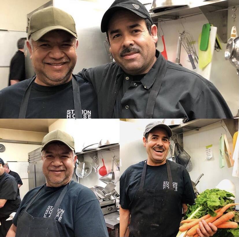 Employees at Station House Cafe in Marin County can receive a bonus if someone they refer is hired by the restaurant. On left is Armando Gonzales with Pablo Mata, both cooks. (Mia Quezada Photo)