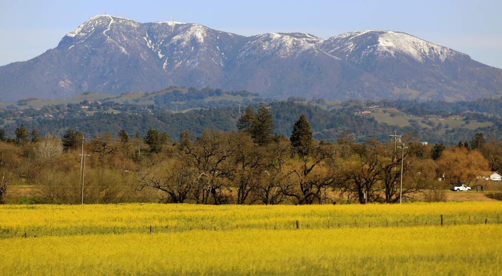 Snow-capped Mount St. Helena as seen from the Laguna de Santa Rosa on Monday, March 5, 2018. (KENT PORTER/ PD)