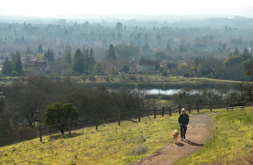 Bob Mulford walks his dog, Buckley, in the hills of Foothill Park, in Windsor, as haze lingers in the mid-afternoon on Monday, Jan. 5, 2015. (CHRISTOPHER CHUNG/ PD)