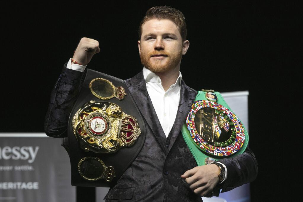 Boxer Canelo Alvarez poses for photos at Madison Square Garden in New York, Wednesday, Oct. 17, 2018. He will meet Rocky Fielding in a 12-round, super-middleweight bout Dec. 15, 2018. (AP Photo/Richard Drew)