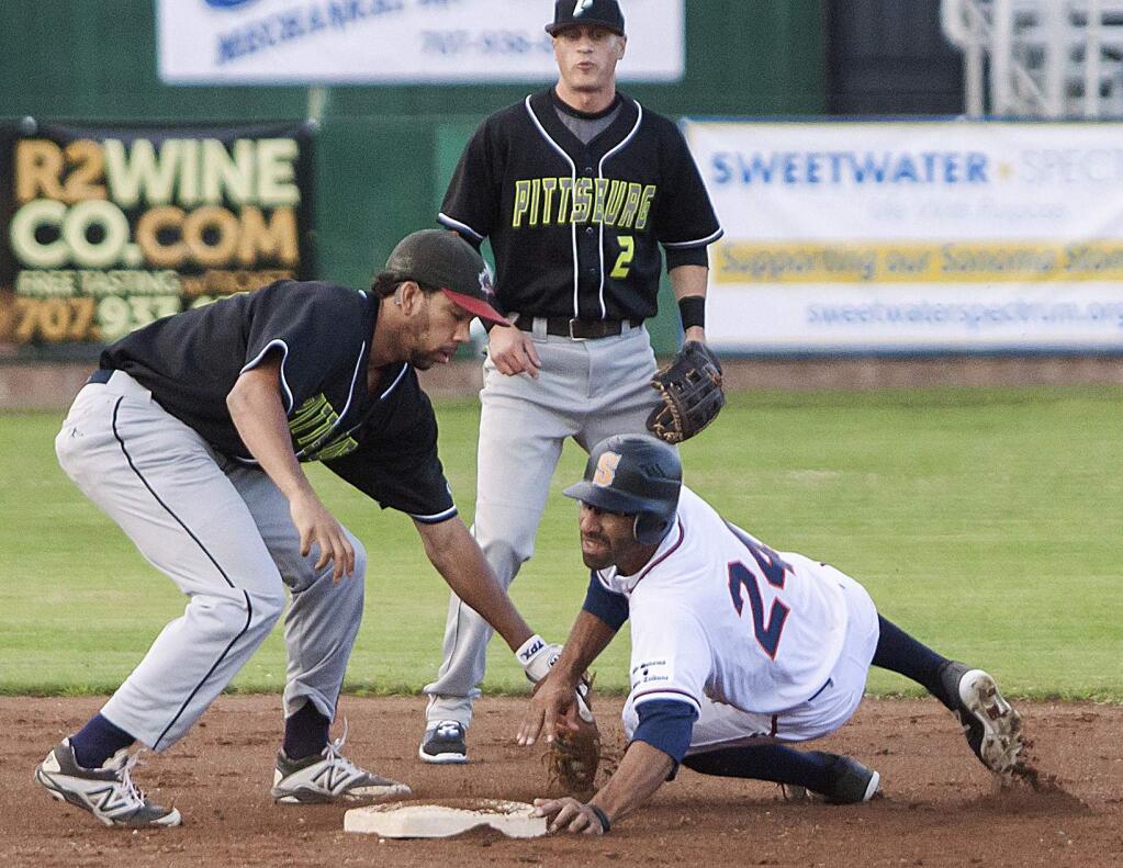 Robbi Pengelly/Index-TribunePlayer-manager Fehlandt Lentini steals second base after beating a pickoff throw and eventually scores Sonoma's first run of the season during the Stompers opening-game victory over Pittsburg last Monday night at Arnold Field.