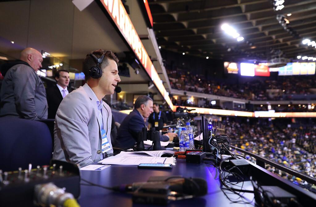 Oklahoma City Thunder play-by-play announcer Chris Fisher conducts a pregame broadcast at Oracle Arena before the start of the Thunder's game against the Golden State Warriors in Oakland on Tuesday, Oct. 16, 2018. Fisher grew up in Sonoma County and is a graduate of Cardinal Newman High School. (Christopher Chung / The Press Democrat)