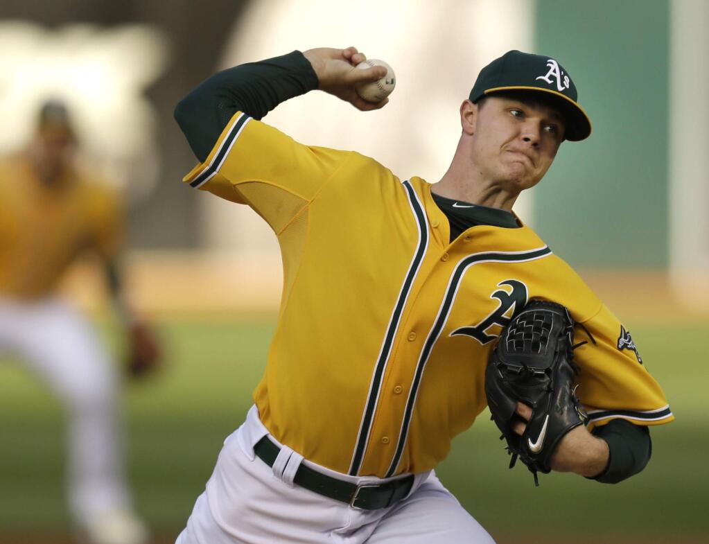 Oakland Athletics' Sonny Gray works against the New York Yankees in the first inning of a game Friday, May 29, 2015, in Oakland. (AP Photo/Ben Margot)