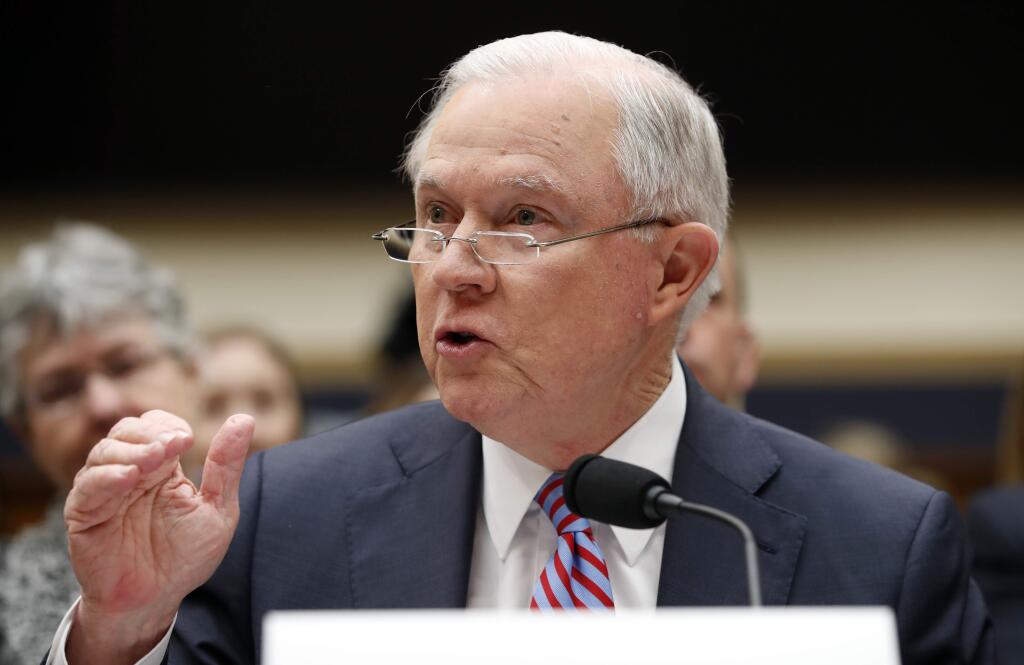 Attorney General Jeff Sessions speaks during a House Judiciary Committee hearing on Capitol Hill, Tuesday, Nov. 14, 2017 in Washington. Sessions is leaving open the possibility that a special counsel could be appointed to look into Clinton Foundation dealings and an Obama-era uranium deal. The Justice Department made the announcement Monday in responding to concerns from Republican lawmakers. (AP Photo/Alex Brandon)