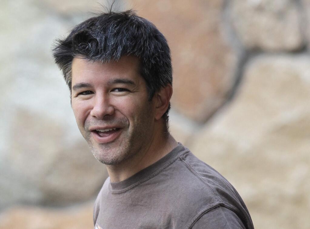 FILE - In this July 10, 2012, file photo, Uber CEO and co-founder Travis Kalanick arrives at a conference in Sun Valley, Idaho. Kalanick said in a statement to The New York Times on Tuesday that he has accepted a request from investors to step aside. Kalanick says the move will allow the ride-sharing company to go back to building itself rather than become distracted by another fight. (AP Photo/Paul Sakuma, File)
