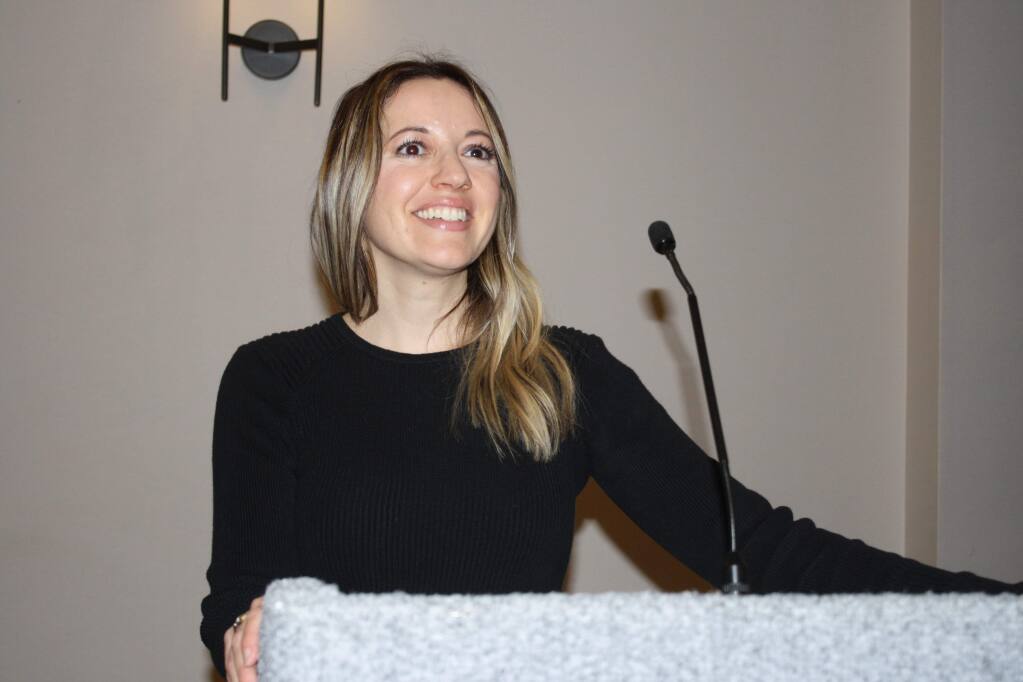 Alaina Gjertsen, marketing director of the Solano County Economic Development Corporation, describes the organization's new social media marketing campaign promoting Solano County, speaking at an economic summit in Fairfield on Jan. 30, 2019. (Gary Quackenbush / for North Bay Business Journal)