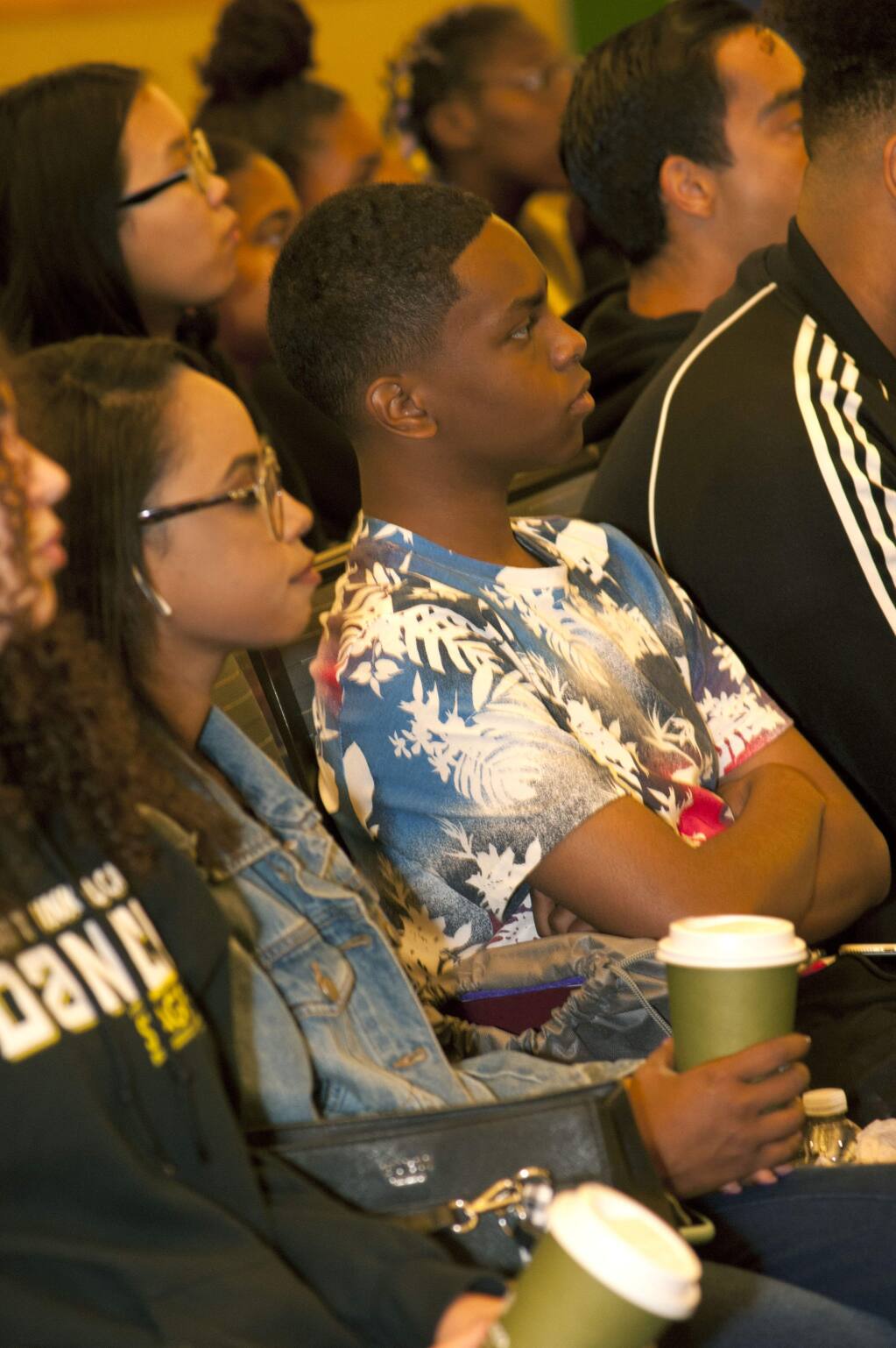 Students listen as keynote speaker George Hofstetter talks Saturday, Sept. 21, 2019, during the 2019 Youth Summit. The event was hosted by Sonoma State University's Black Student Union and the Sonoma County Black Forum. (Photo by Tanya Braunstein)