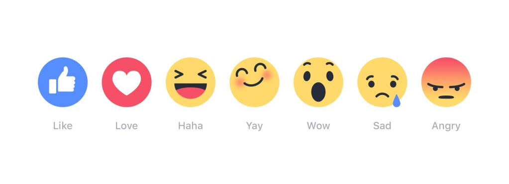 This image provided by Facebook shows its newly introduced 'Reactions' buttons. From left: like, love, haha, yay, wow, sad, and angry. Facebook is testing Reactions in Ireland and Spain starting Thursday, Oct. 8, 2015, with the hope of eventually rolling them out globally soon. (Facebook via AP)