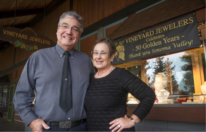 Wayne and Carol Peterson, above celebrating Vineyard Jewelers' 50th anniversary in 2014, haven engraved an indelible imprint upon Sonoma.
